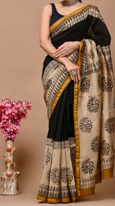 Black and Beige Border Summer Cotton Saree