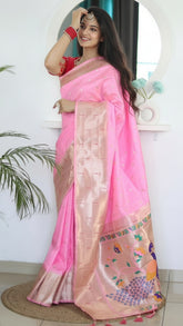Baby Pink Triple Muniya Peacock Paithani Soft Silk Sarees