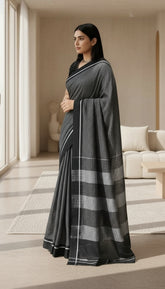 Black Checkered Narayanpet Handloom Cotton Saree