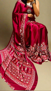 Ruby Pink Ajrakh Contemporary Satin Crepe Modal Silk Saree