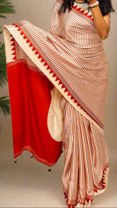White and Red Striped Contemporary Satin Crepe Modal Silk Saree