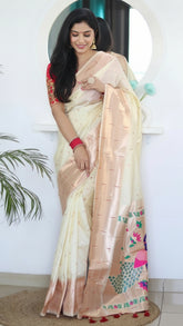 Pearl White Triple Muniya Peacock Paithani Soft Silk Sarees