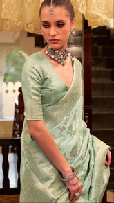 Sea Green and Gold Floral Satin Banarasi Silk Saree