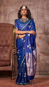 Blue Pichwai Zari Weaving Satin Munga Banarasi Silk Saree ERA01BLU