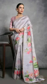 Pearl Grey Pichwai Patterned Tussar Silk Saree