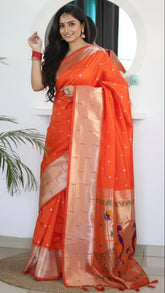 Orange Triple Muniya Peacock Paithani Soft Silk Sarees