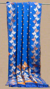 Blue Gold and Silver Butterfly Semi Kanchi Silk Saree