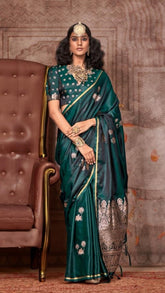 Dark Green Pichwai Zari Weaving Satin Munga Banarasi Silk Saree ERA01GRN