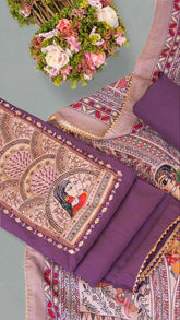 Mauve Violet and Beige Kalamkari Mirror Embroidered Chanderi Silk Designer Salwar