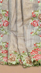 Premium Silver Embroidered Crushed Tissue Silk Saree