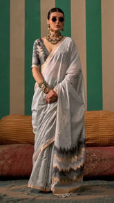 Grey Simple Handloom Weaving Silk Cotton Saree