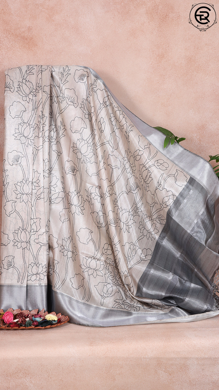 Beige and Grey Pichwai Patterned Mangalagiri Silk Saree
