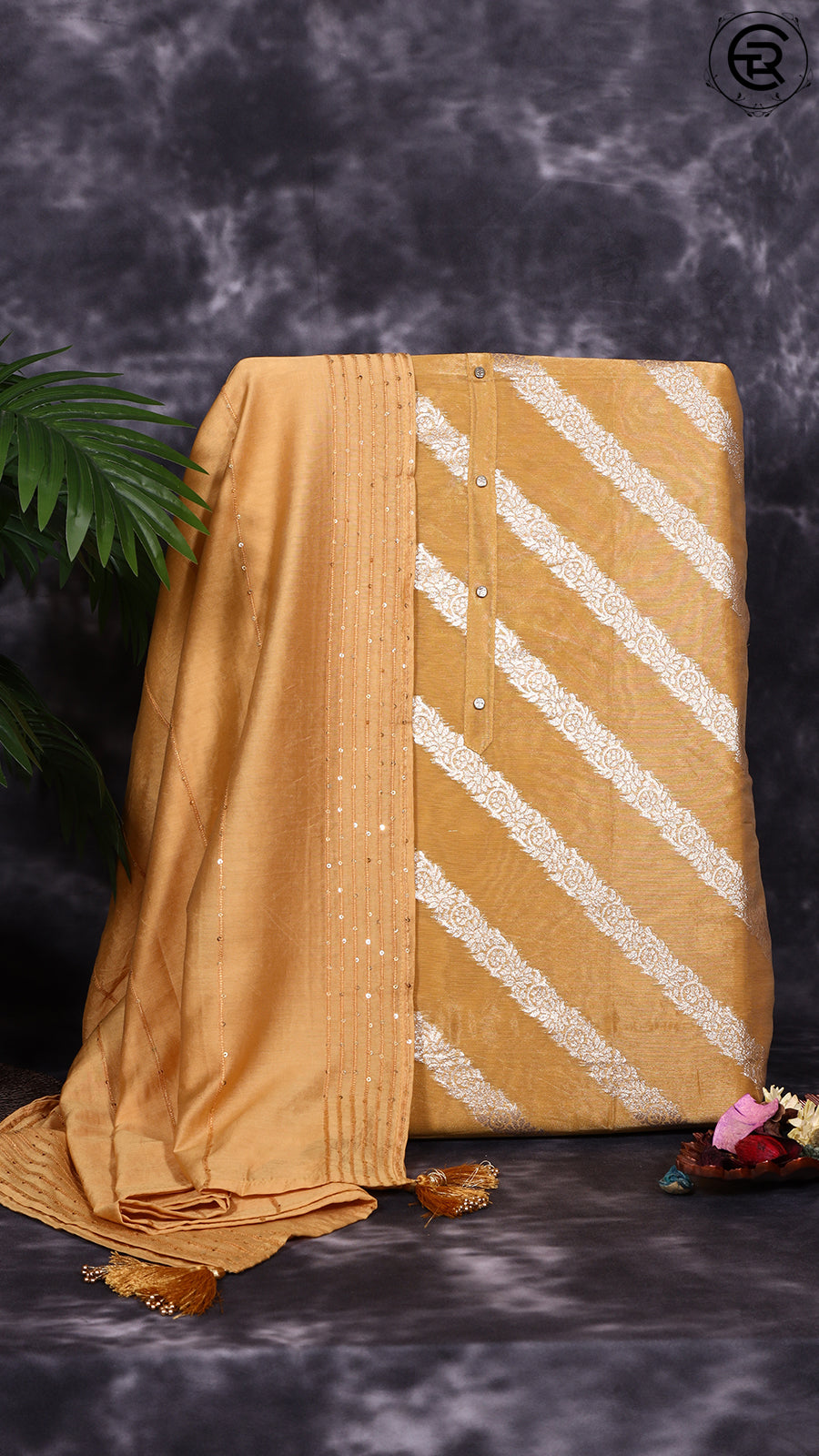 Golden Yellow Tissue Silk Golden Zari Women Cross Striped Pattern Designer Salwar