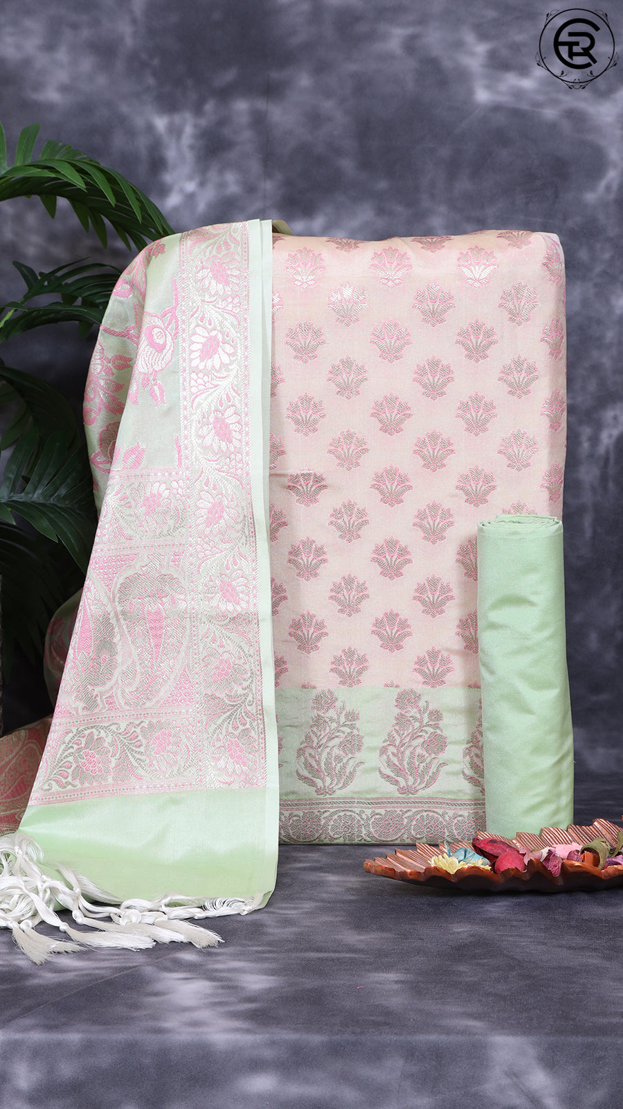 Off-White and Light Green Silk Contrast Zari Woven Banaras Salwar
