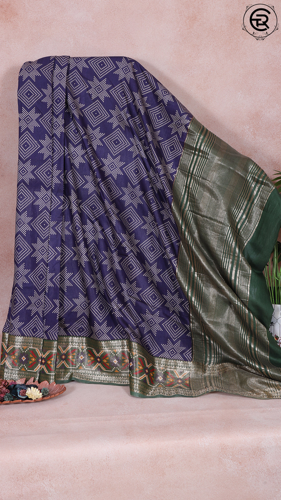 Blue and Green Diamond and Star Patterned Pashmina Cotton Saree