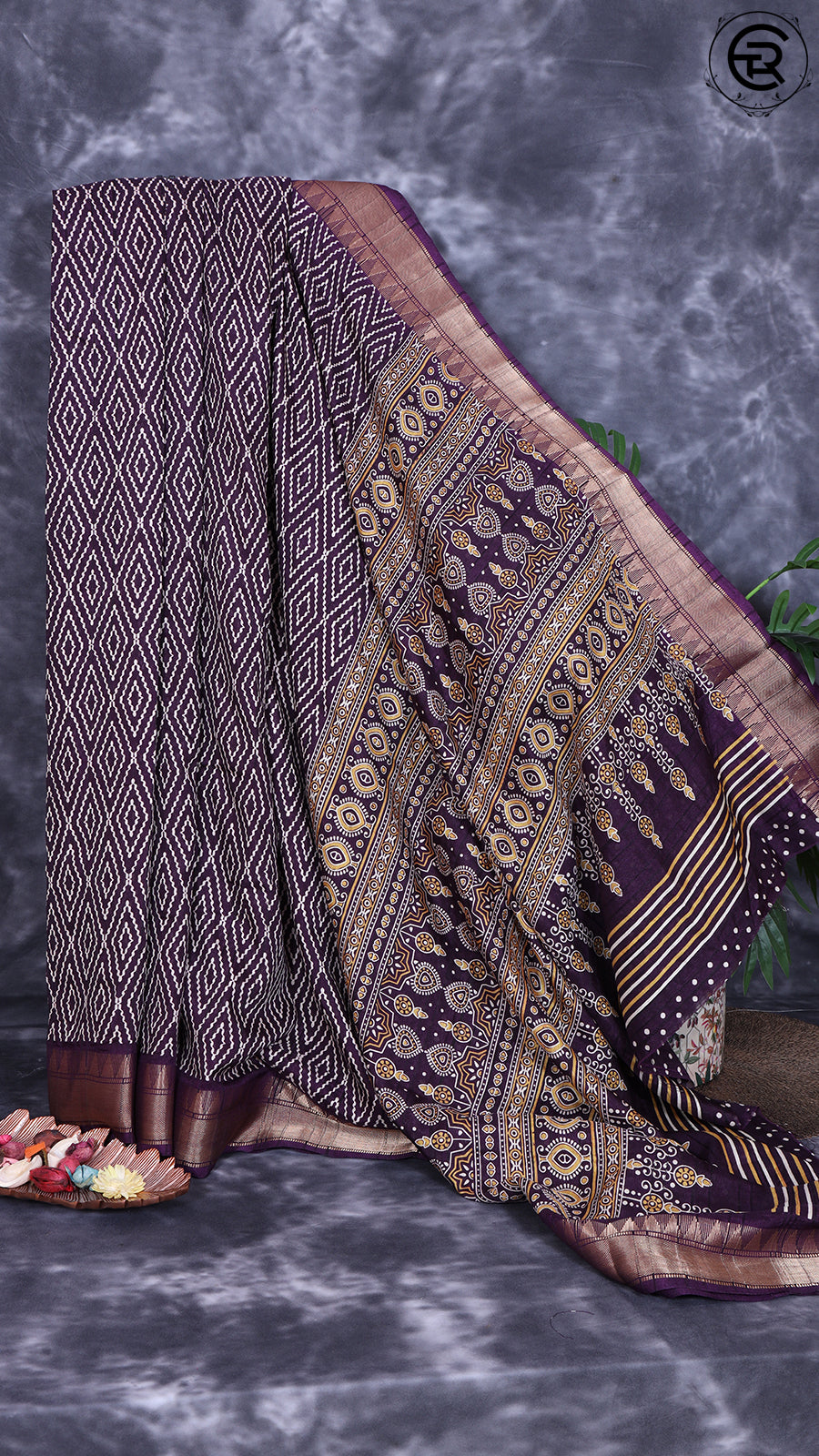 Eggplant Violet Diamond Patterned with Traditional Border Viscose Dola Silk Saree