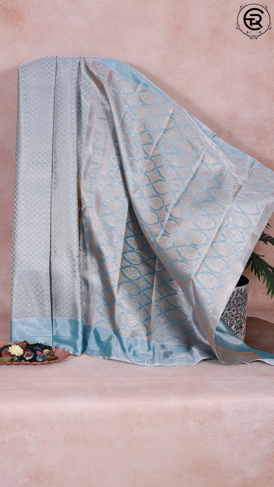 Sea Blue and Gold Diamond Zari Pure Tissue Silk Saree