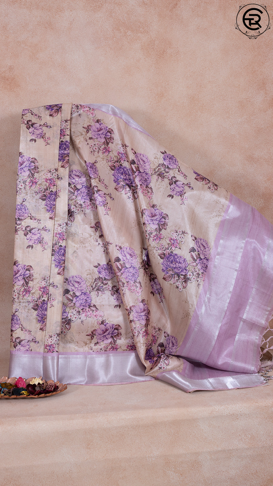 Violet and Beige Floral Printed with Simple Pallu Mangalagiri Silk Saree