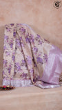 Violet and Beige Floral Printed with Simple Pallu Mangalagiri Silk Saree