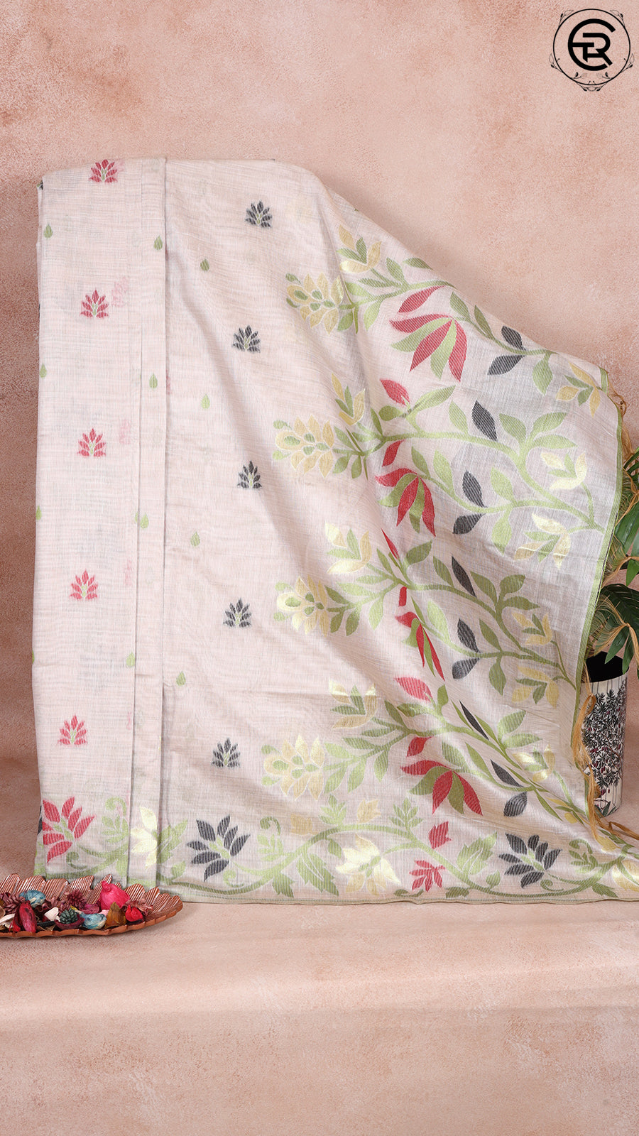 Off White and Green Floral Jamdani Tussar Silk Saree