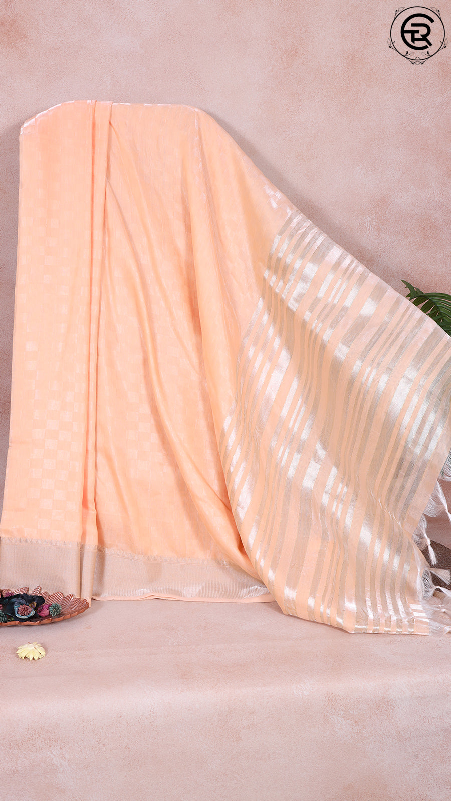 Peach Self Checked Pattern and Sequined Pallu Satin Silk Cotton Saree