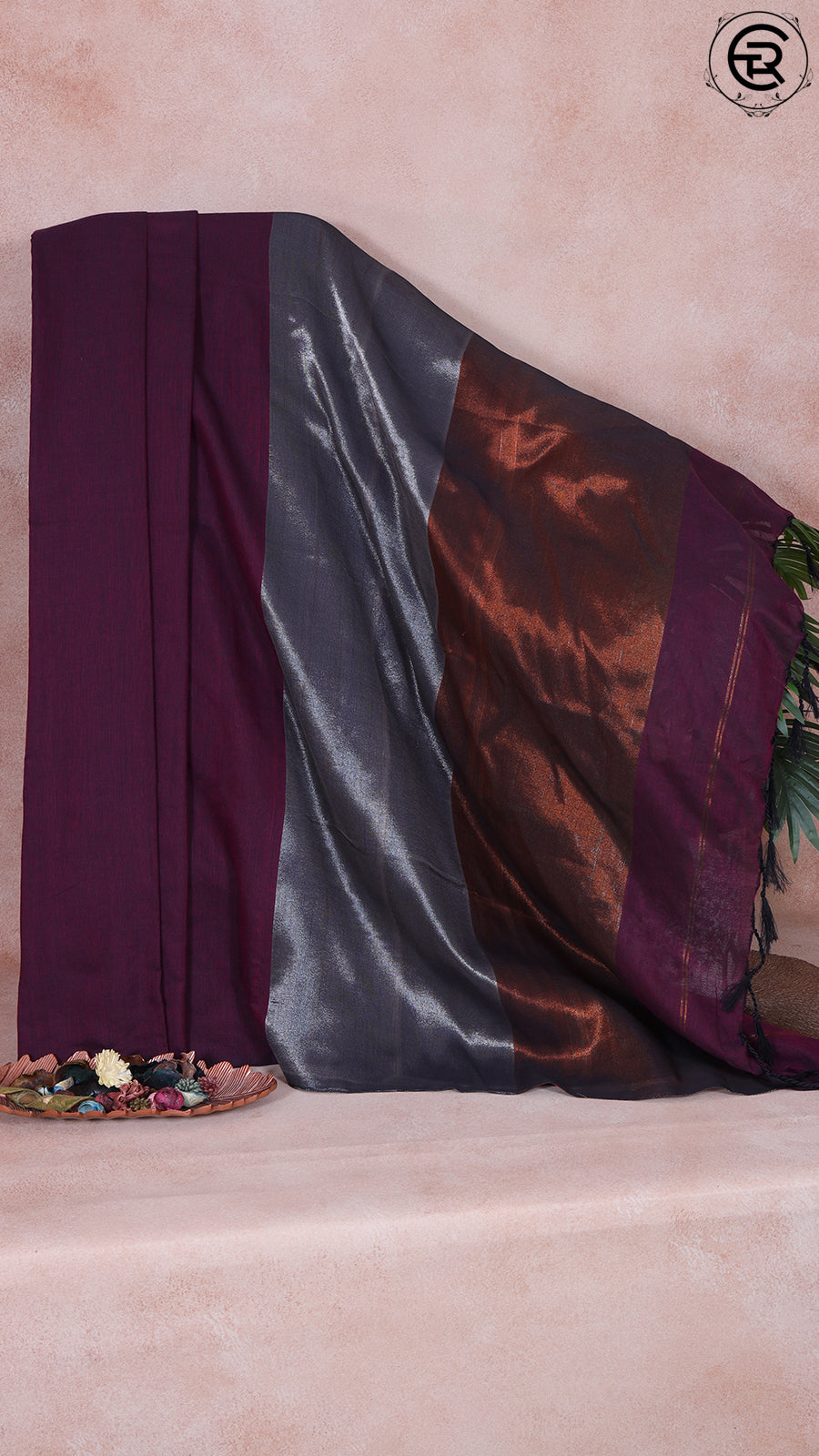 Burgundy with Silver and Copper Pallu Tissue Khadi Cotton Saree