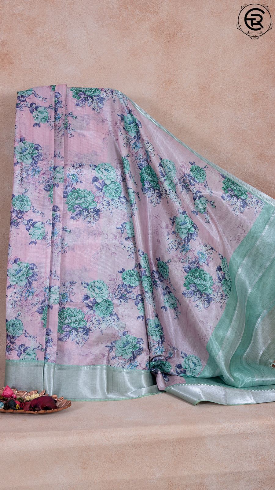 Pink and Green Floral Printed with Simple Pallu Mangalagiri Silk Saree