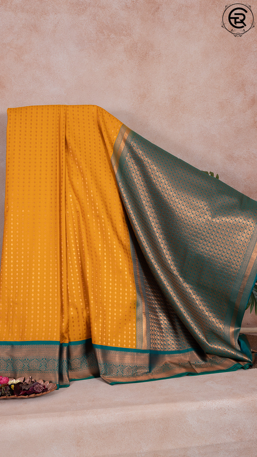 Golden Rod Yellow and Jade Green Festive Silk Gold Zari Woven Oval Checked Butta with Floral Design Border Ka