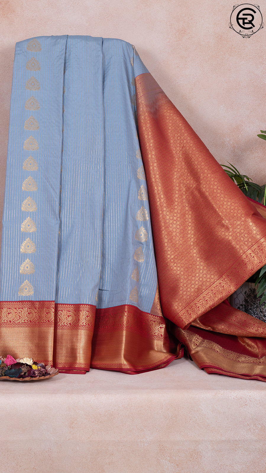 Turkish Blue and Red Bridal Kanchipuram Silk Saree