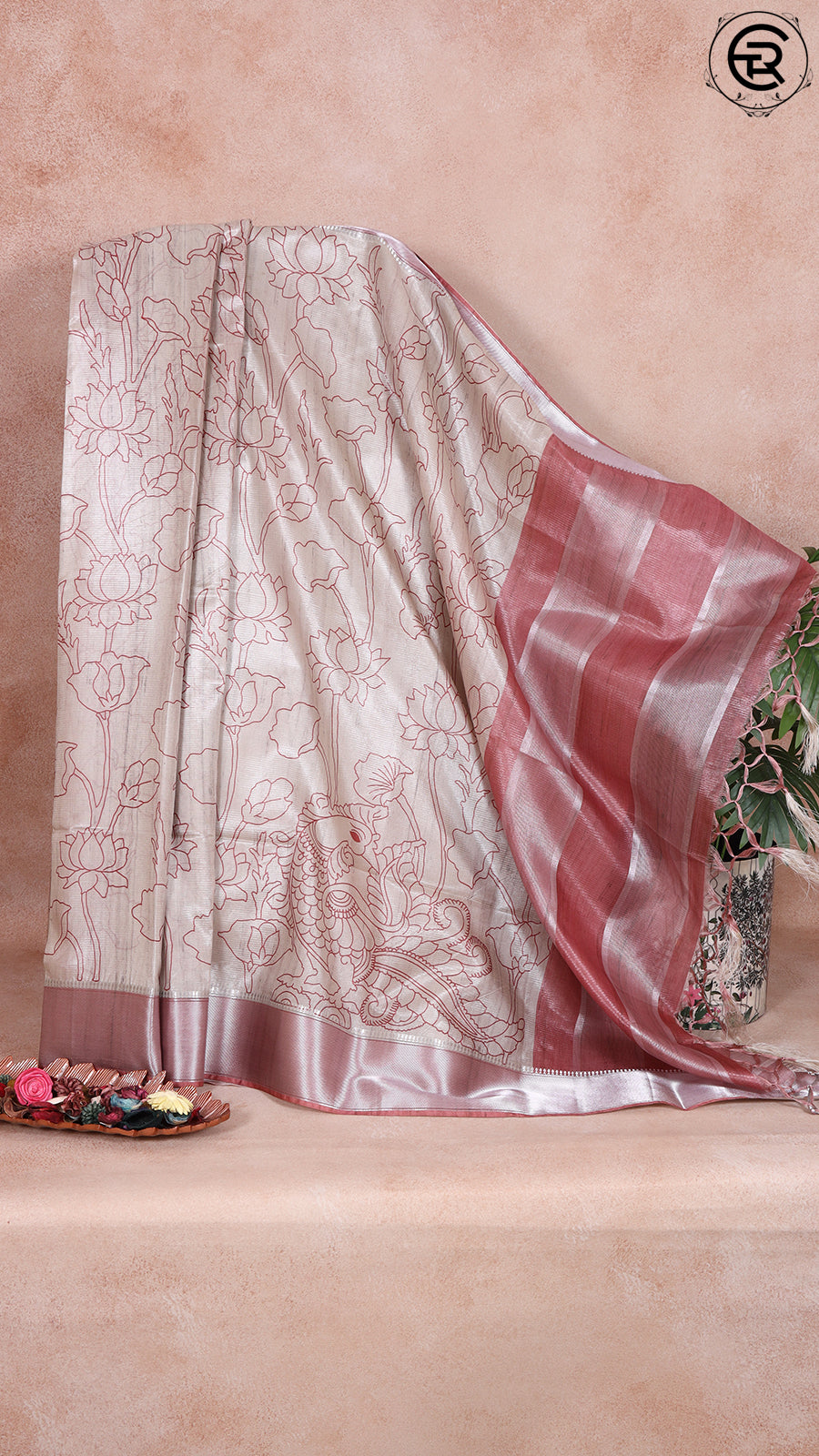 Beige and Amaranth Pink Pichwai Patterned Mangalagiri Silk Saree