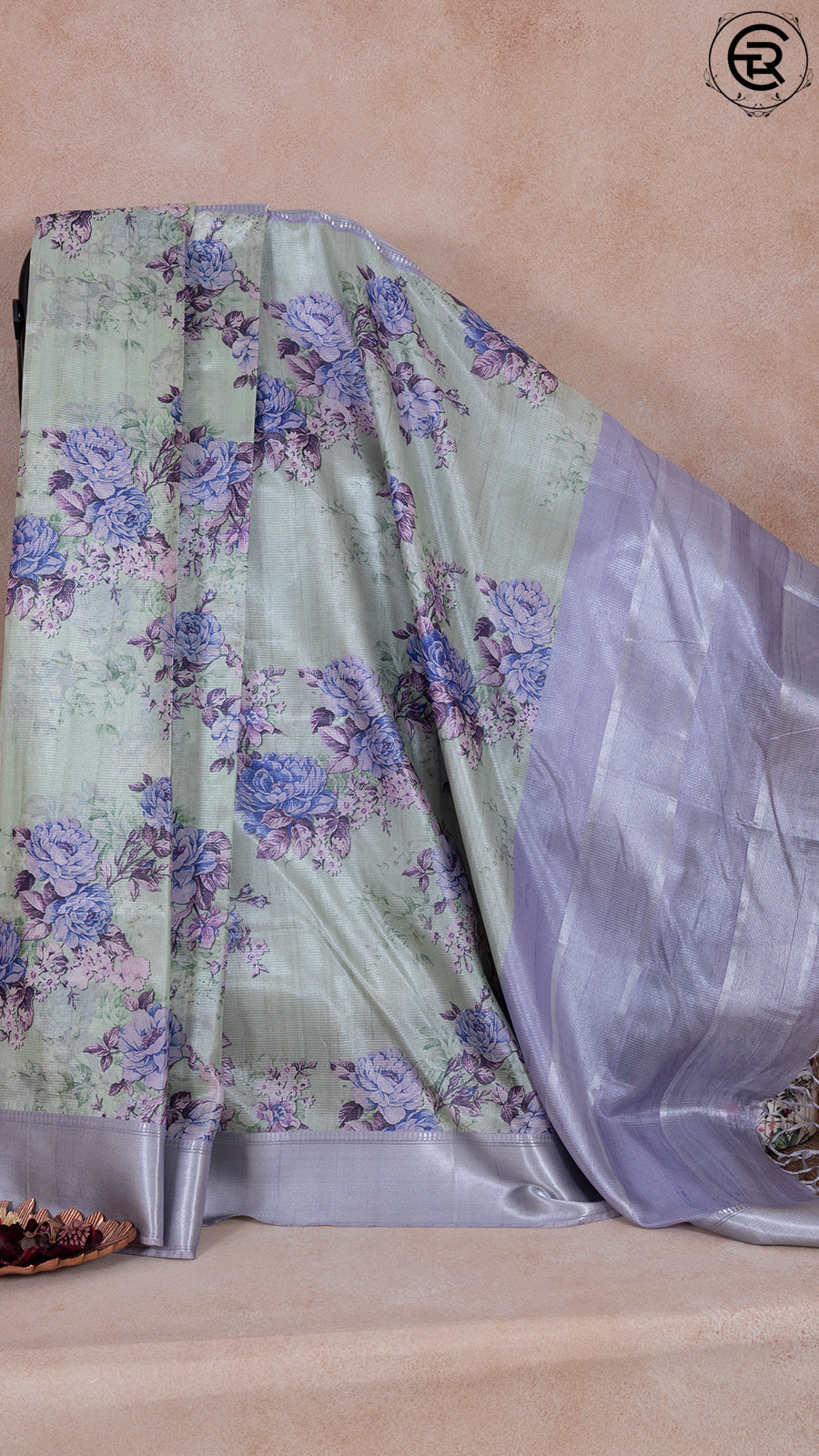 Green and Lavender Floral Printed with Simple Pallu Mangalagiri Silk Saree