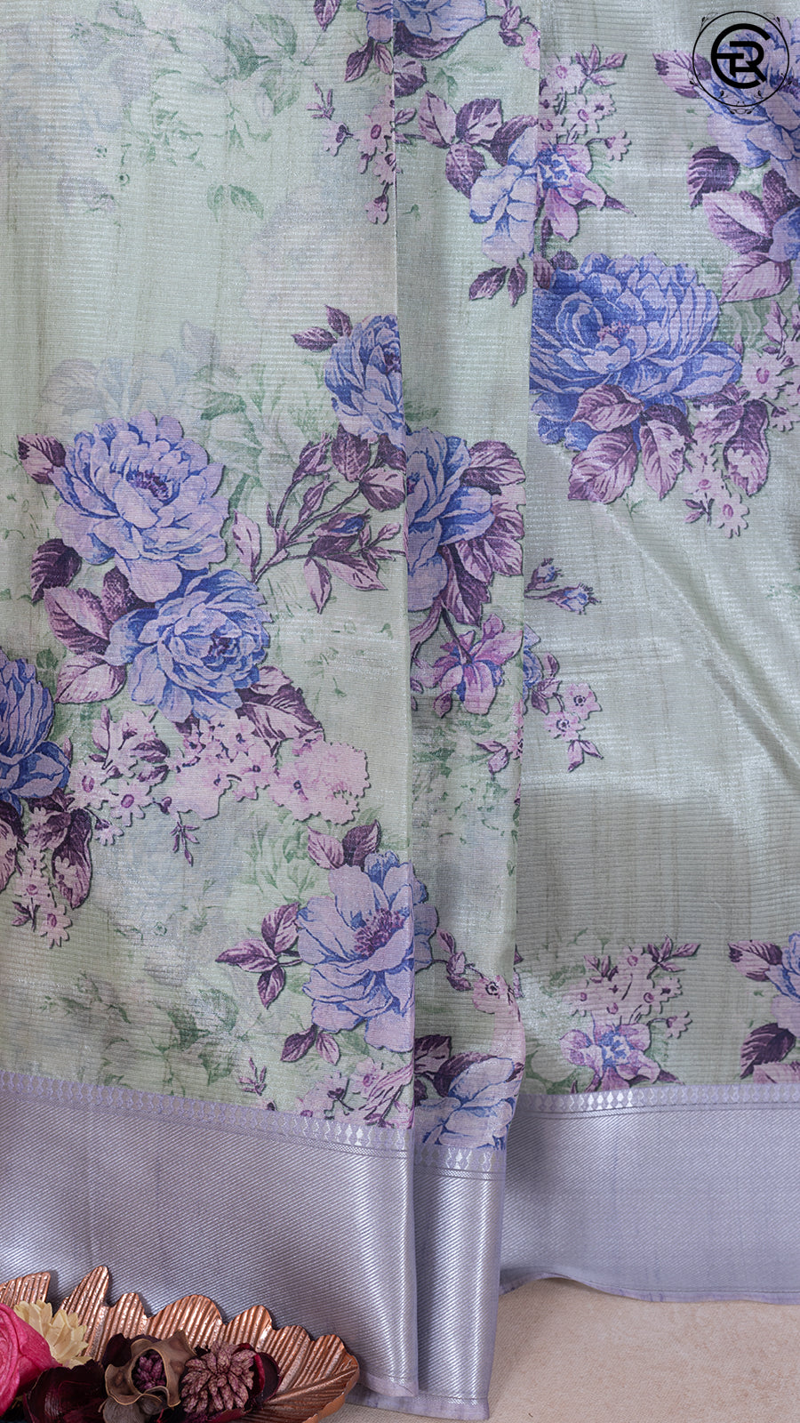 Green and Lavender Floral Printed with Simple Pallu Mangalagiri Silk Saree