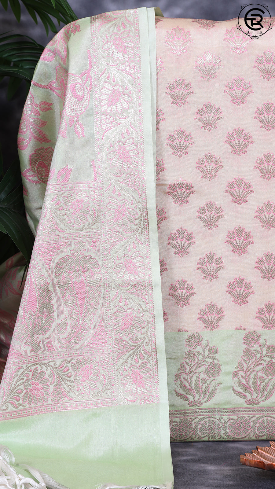 Off-White and Light Green Silk Contrast Zari Woven Banaras Salwar