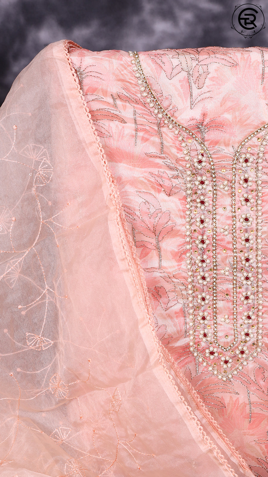 Peach and pink Chanderi Silk Pearl Zardosi White Stone Golden Outline Pattern Designer Salwar