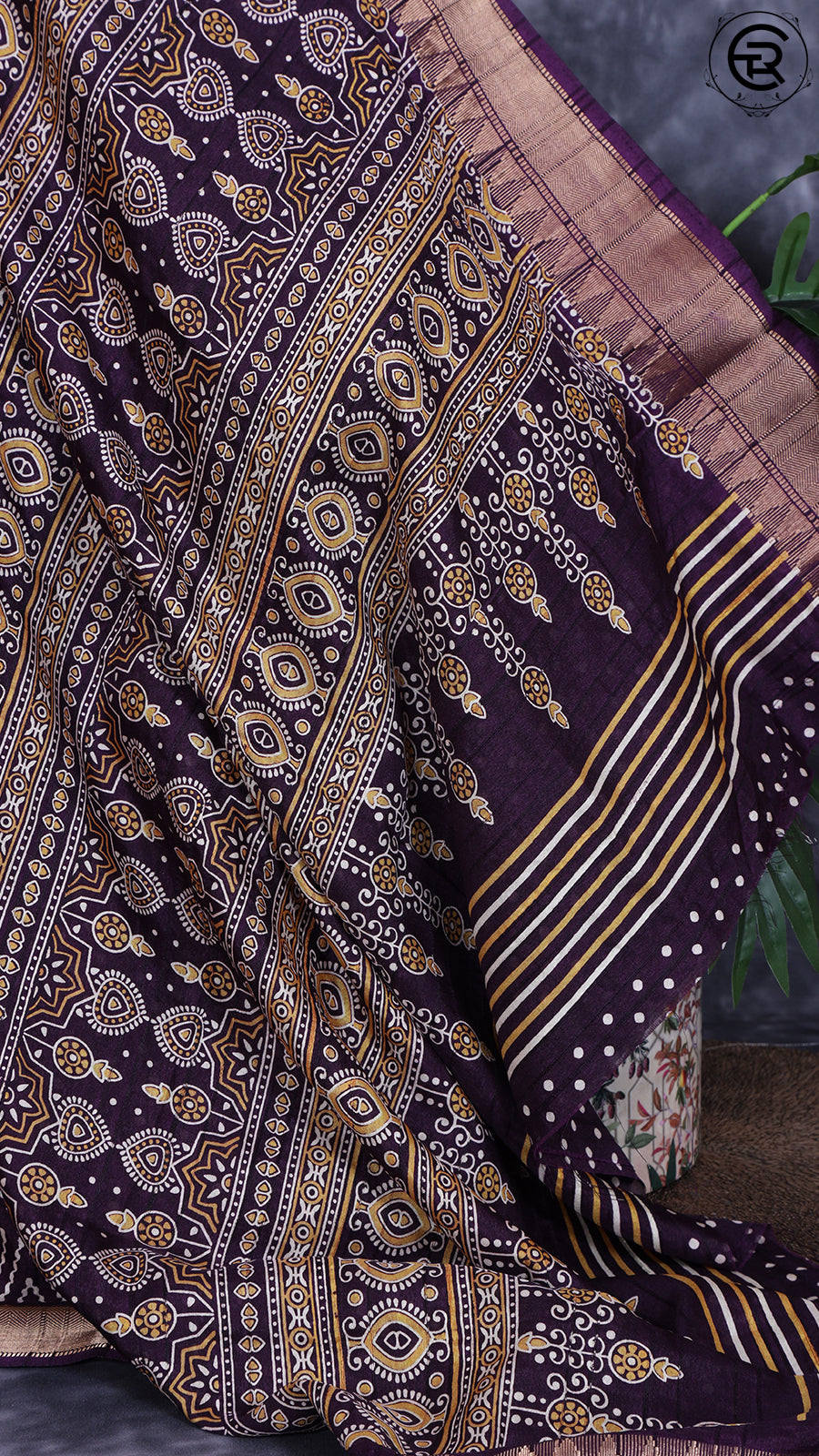 Eggplant Violet Diamond Patterned with Traditional Border Viscose Dola Silk Saree