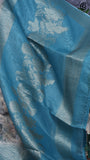 Cream and Teal Blue Floral Jute Banaras Saree