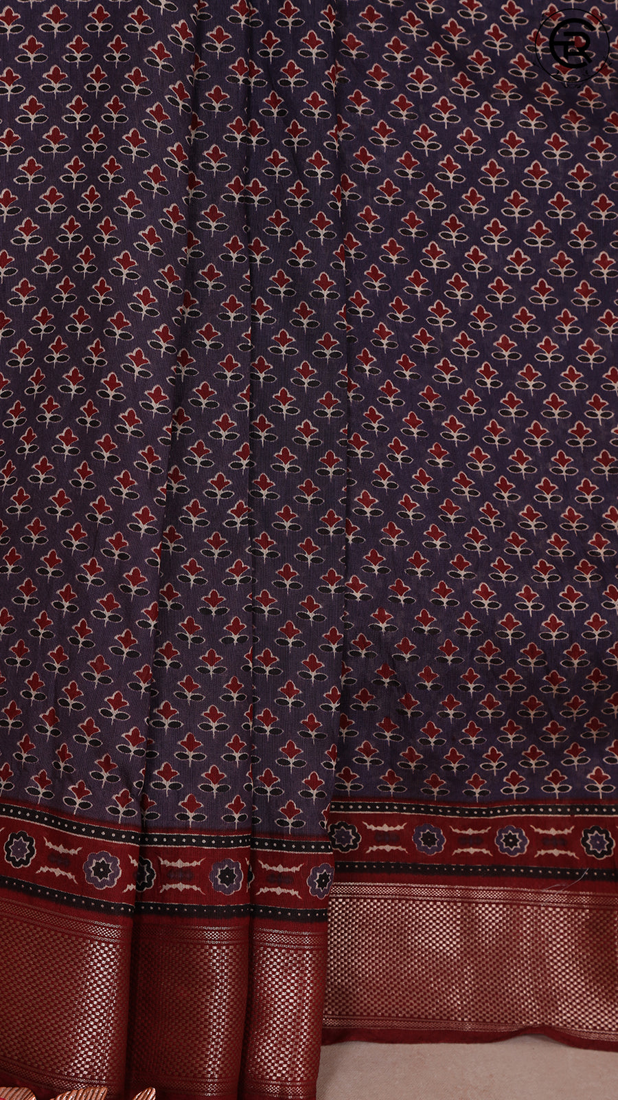 Oxford Blue and Maroon Ajrakh Munga Handloom Cotton Saree