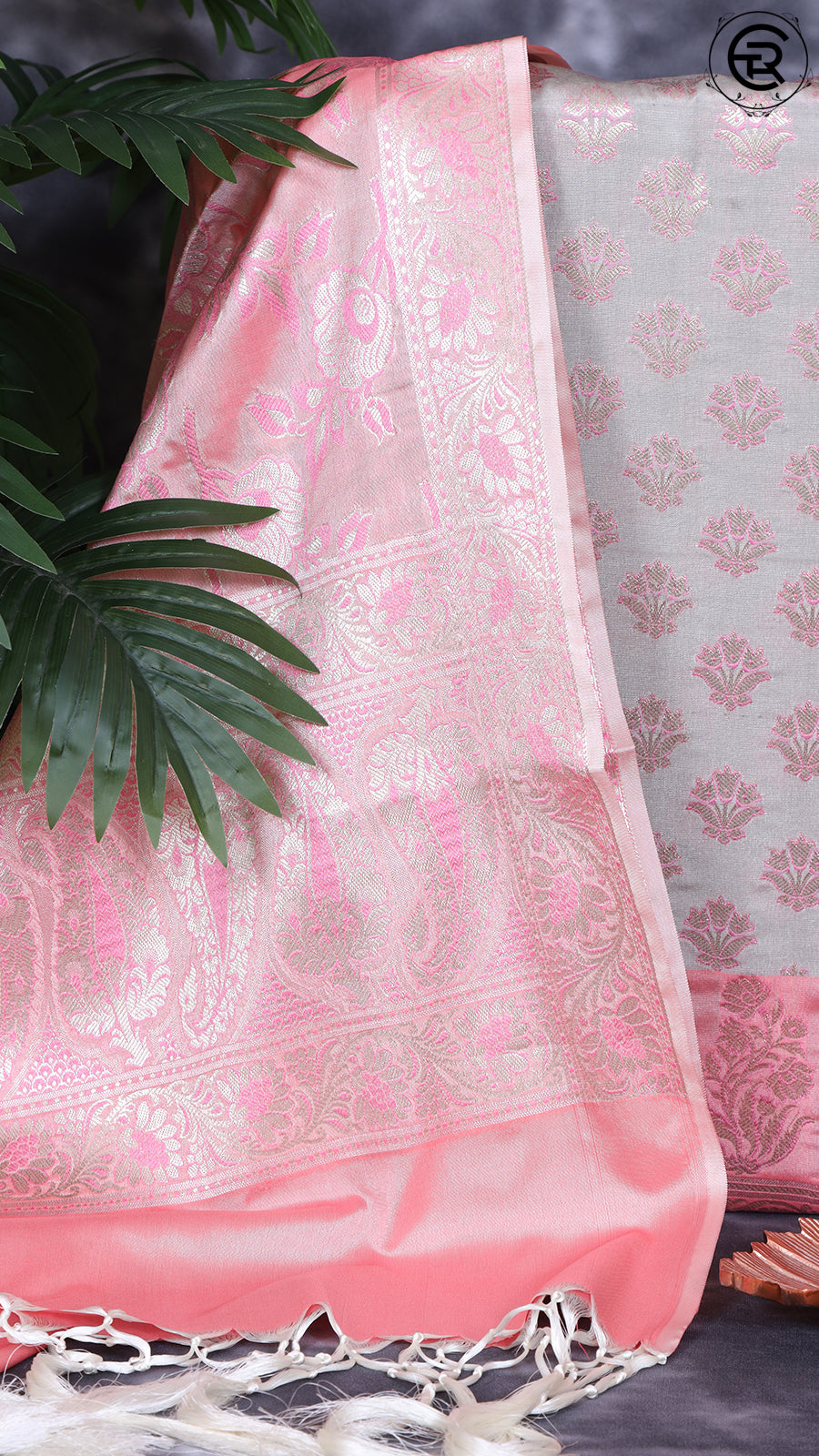 Grey and Baby Pink Silk Contrast Zari Woven Banaras Salwar