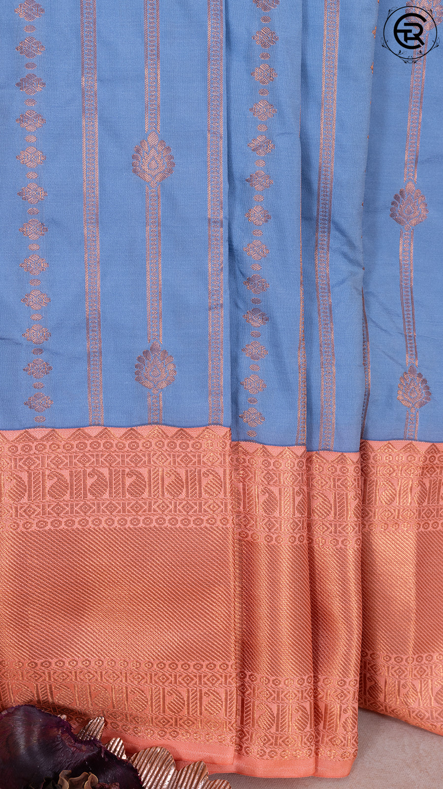 Blue & Peachy Orange Bridal Kanchipuram Silk Saree