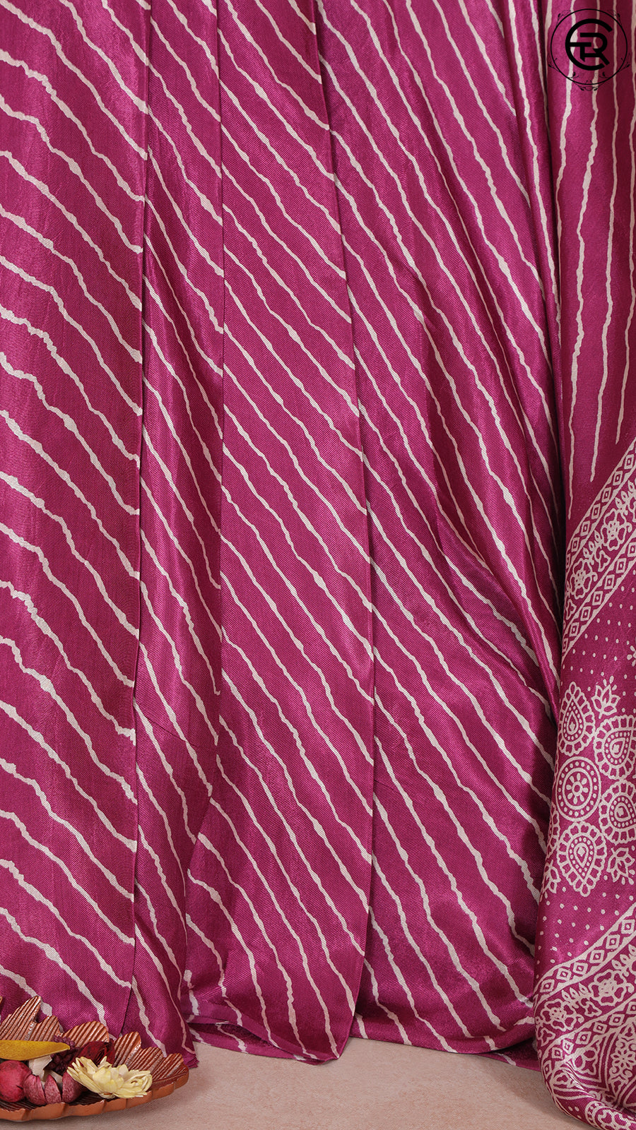 Deep Pink Line Patterned Ajrakh Modal Silk Saree ERA09