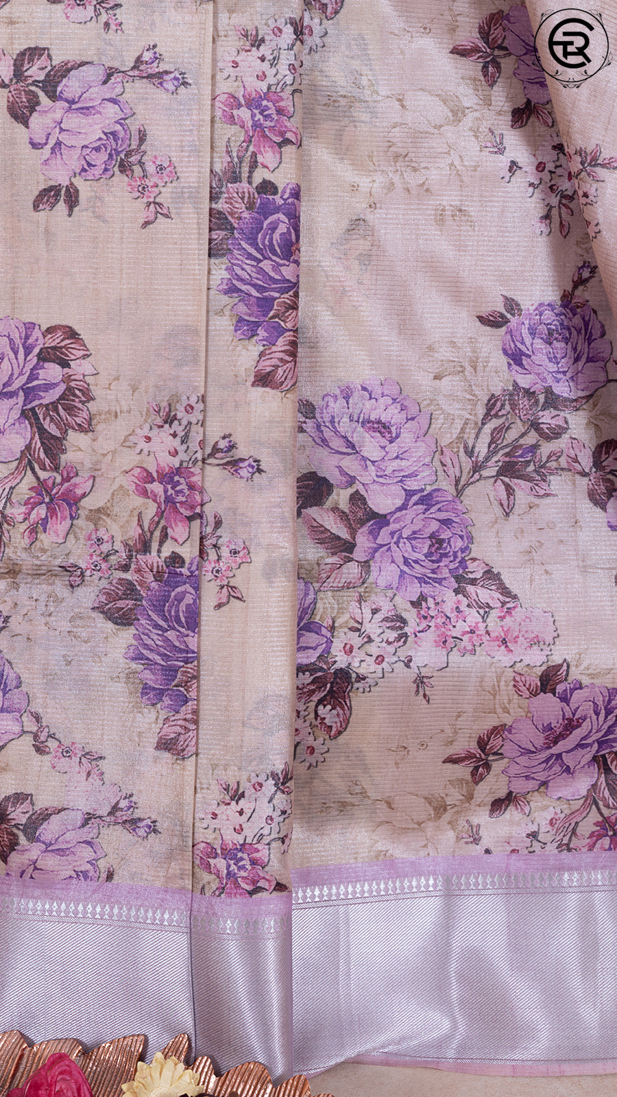 Violet and Beige Floral Printed with Simple Pallu Mangalagiri Silk Saree