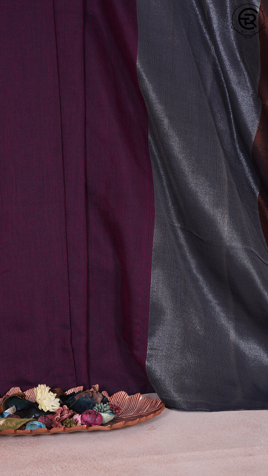 Burgundy with Silver and Copper Pallu Tissue Khadi Cotton Saree