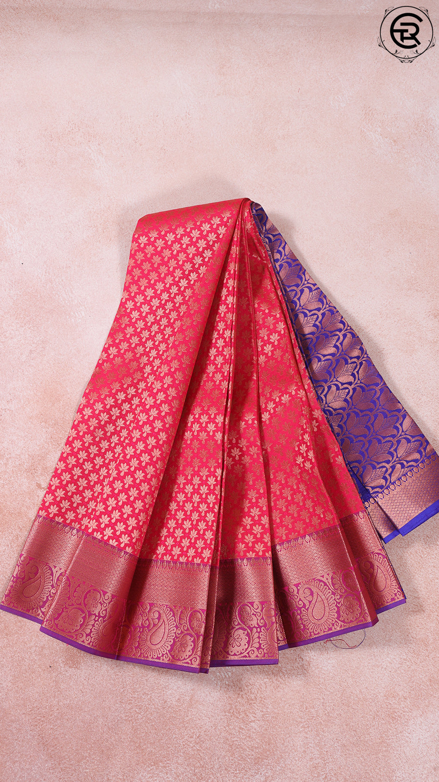 Rani Pink, Purple and Blue Bridal Silk Gold Zari Woven Floral Butti and Mango Design Kanchipuram Saree