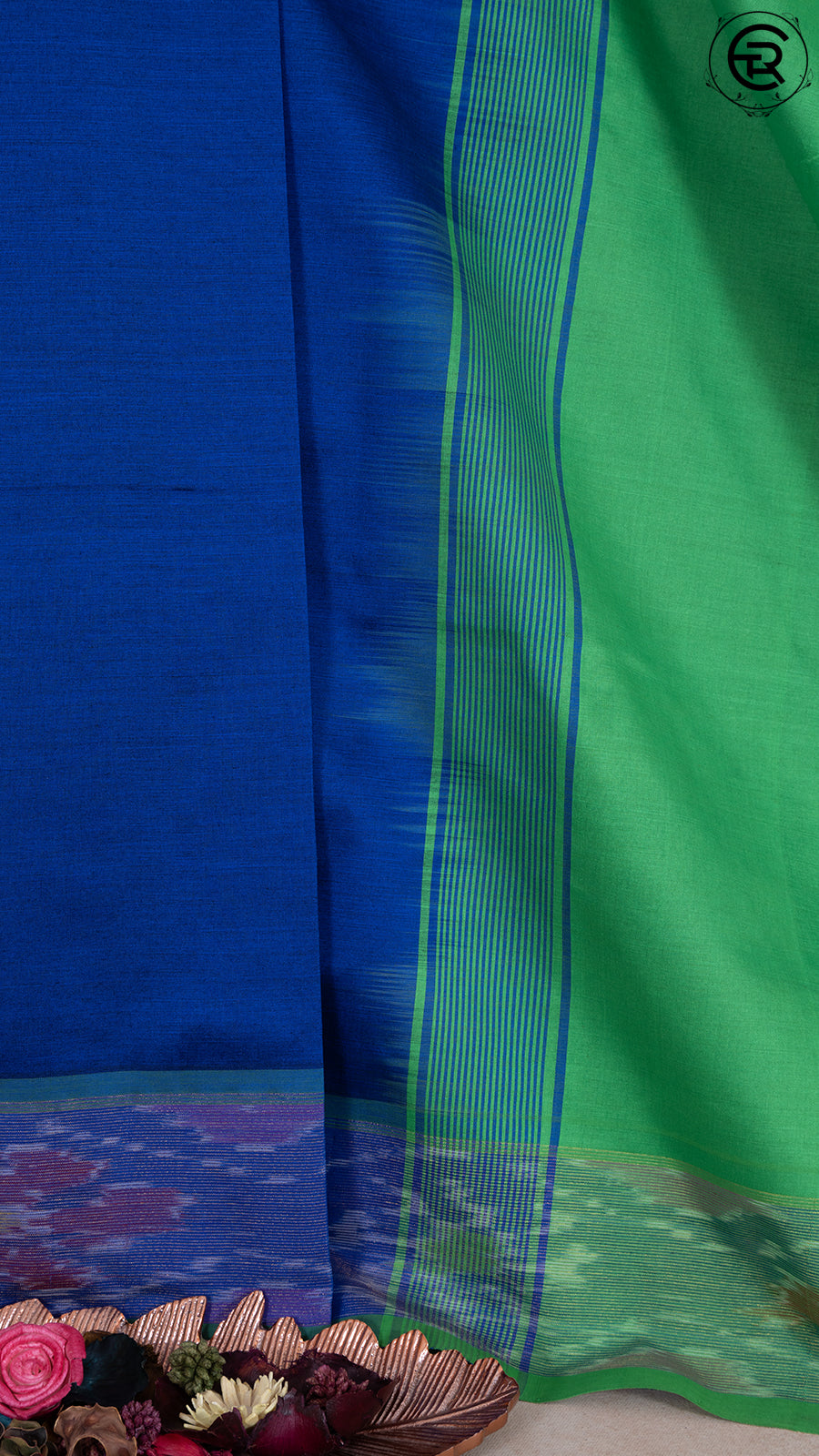 Blue and Kelly Green Pochampalli Ikat Border Silk Cotton Saree