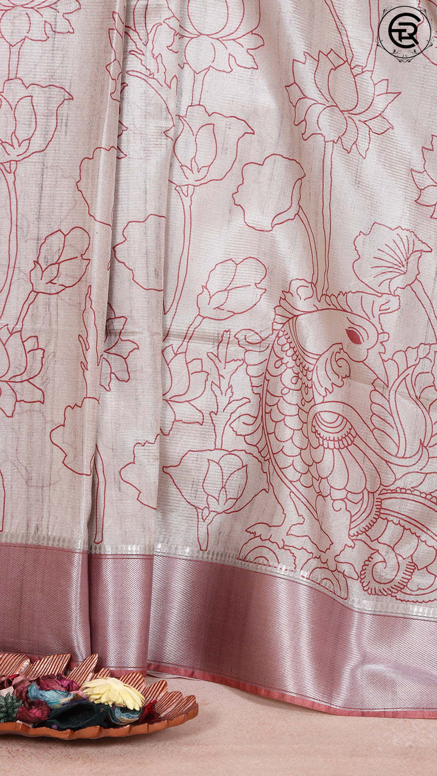 Beige and Amaranth Pink Pichwai Patterned Mangalagiri Silk Saree