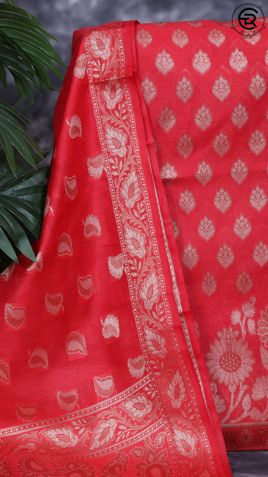 Crimson Red Silk Cotton Floral Self Zari Woven Banaras Salwar