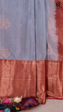 Pigeon Grey and Crimson Red Bridal Pure Silk Gold Zari Woven Doted Line Floral Butta with 10 Inch Mango Heavy