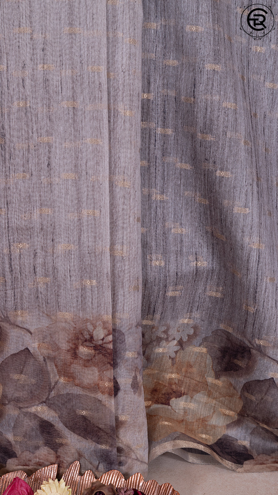 Smoke Grey Floral Handloom Raw Silk Cotton Saree