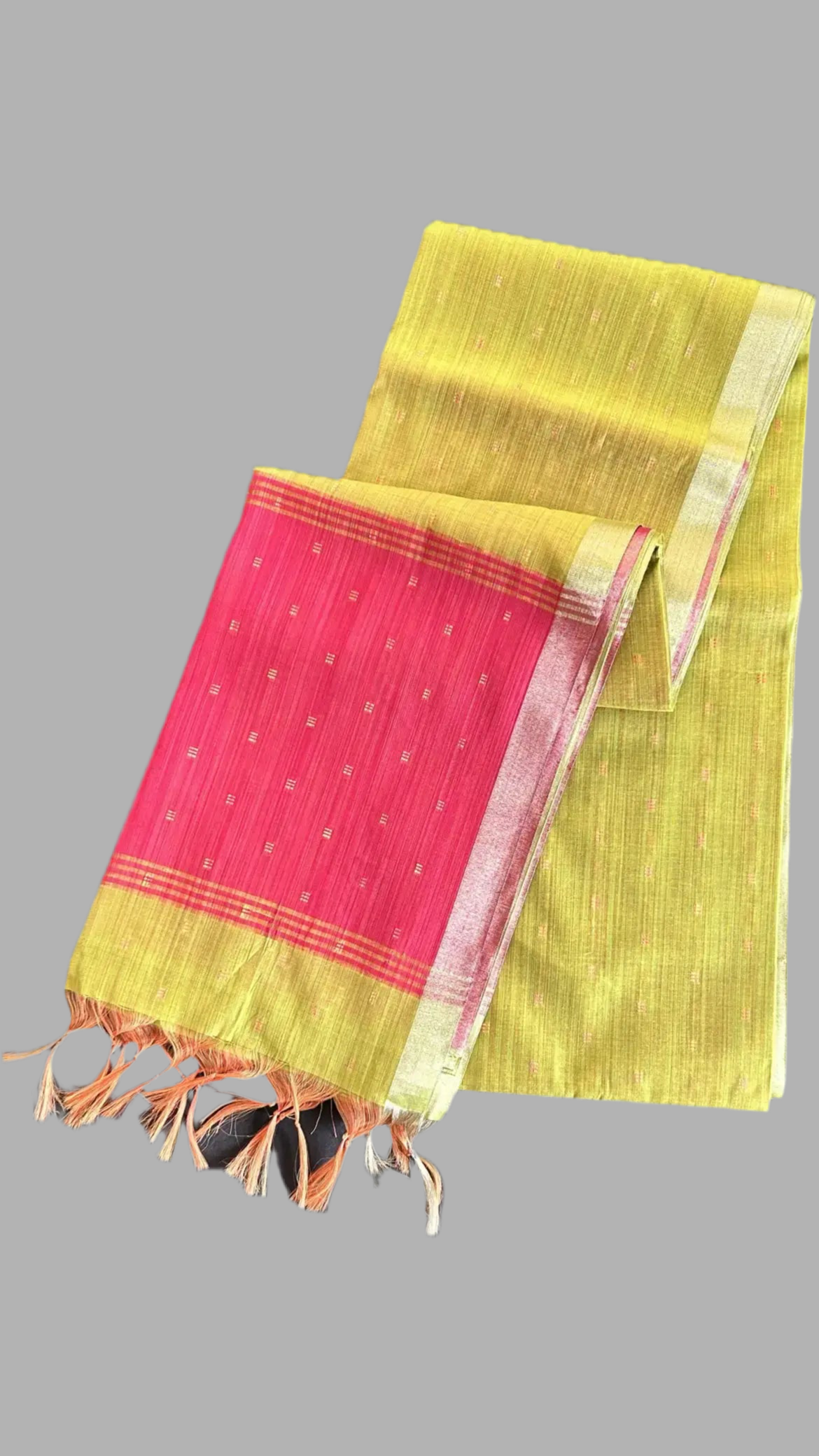 Green and Pink Plain with Butta and  Fancy Tassel Jaipur Cotton Saree