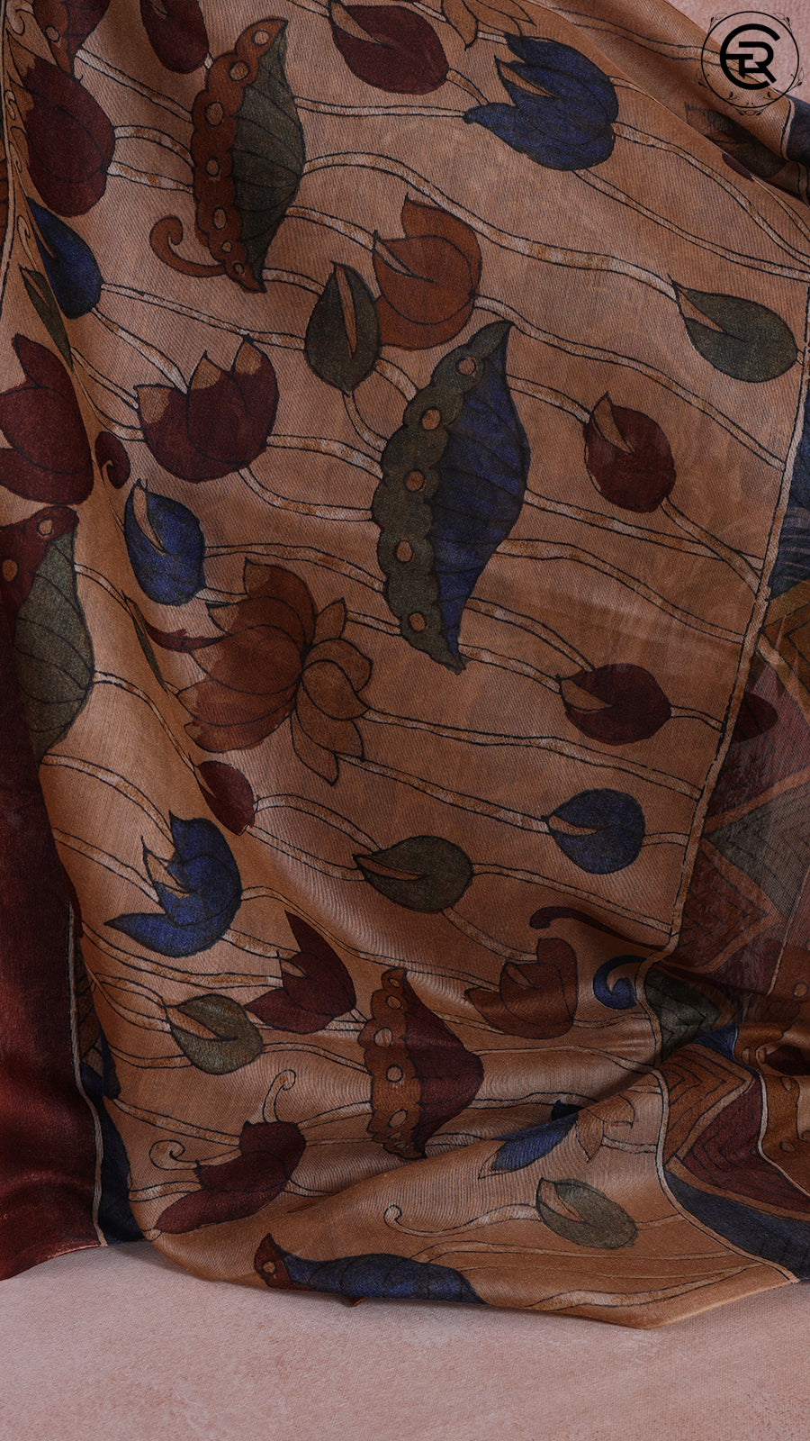 Cinnamon Brown Contemporary Floral Pattern with Fancy Tassel Summer Loom Cotton Saree